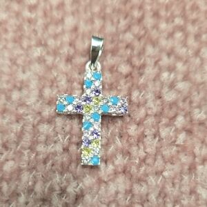 Dazzling Silver Cross Necklace with Blue and Purple Gems
